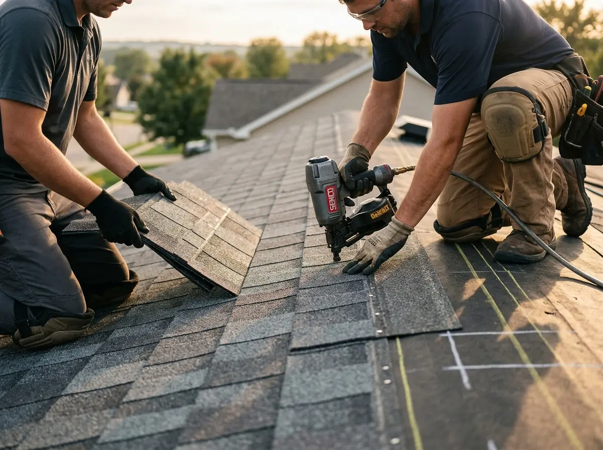Professional roofer working on a residential roof in Canfield
